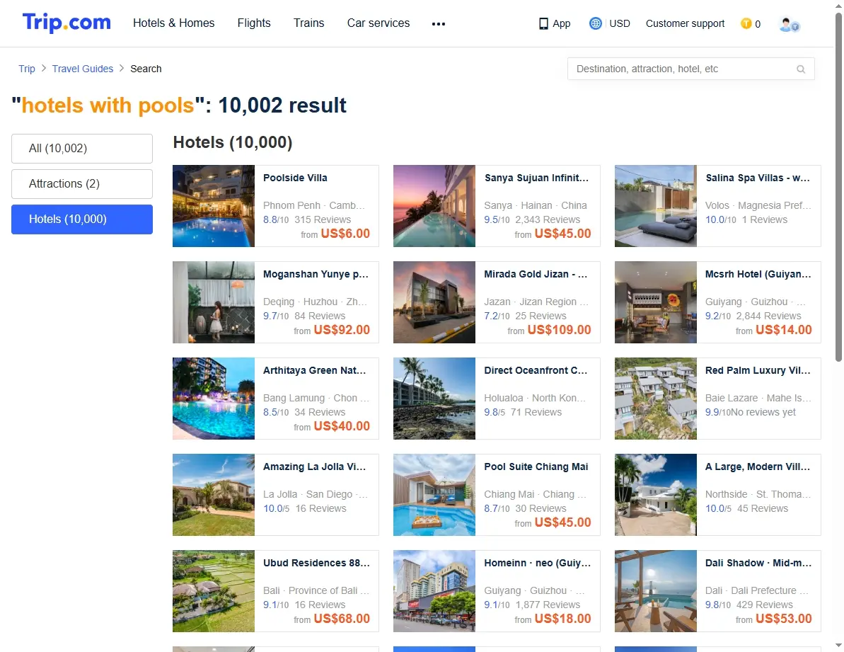 Special offers screenshot for hotels with pools