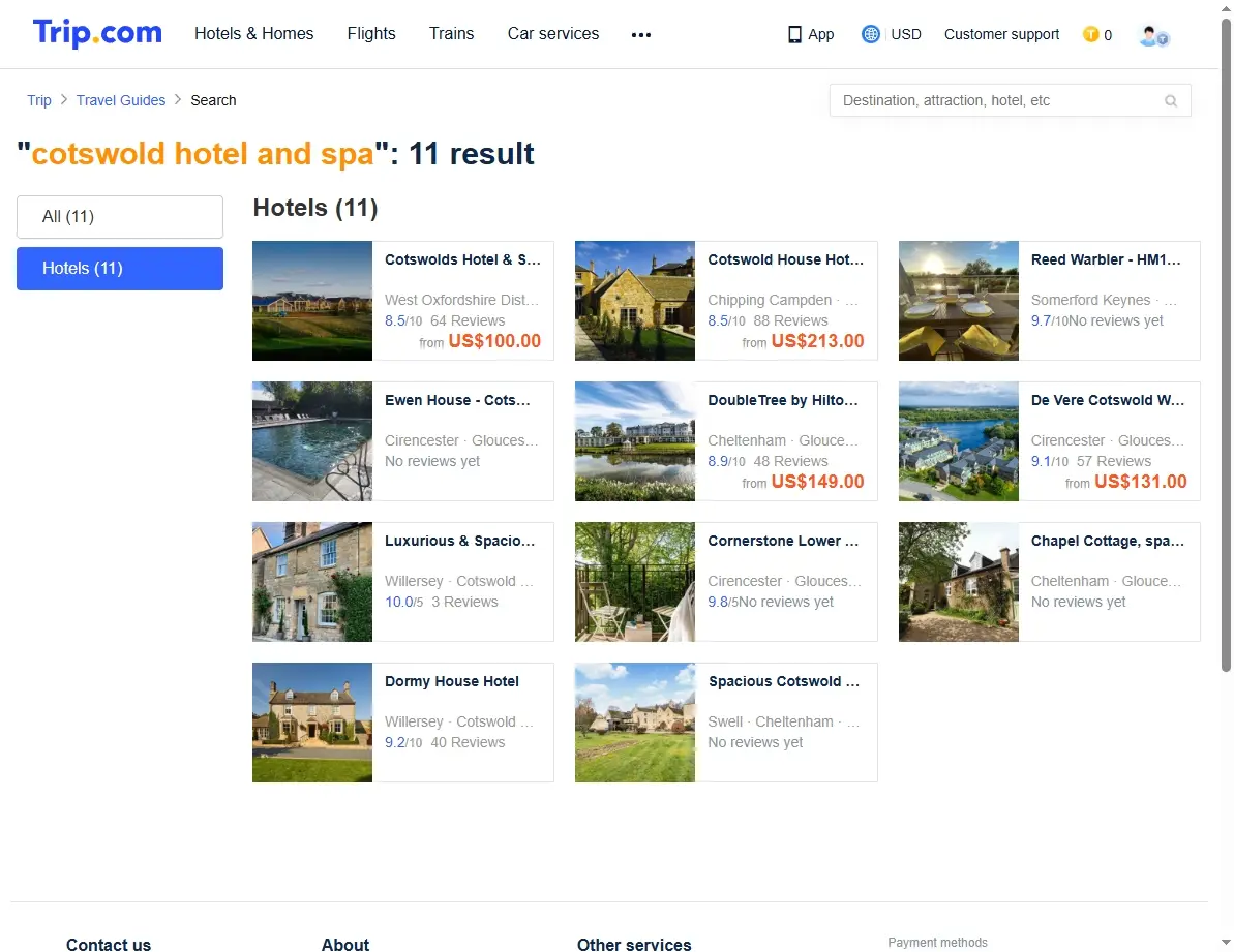 Screenshot of hotel search results showing special offers for Cotswold hotels and spas.