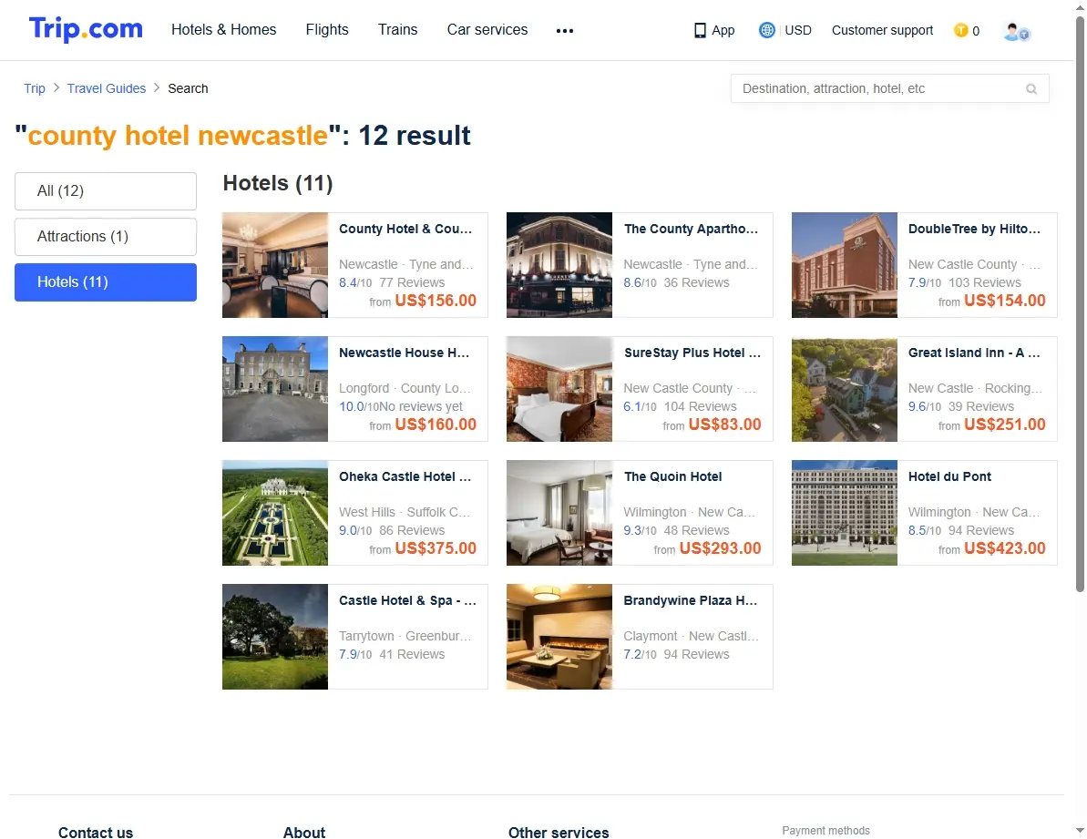 Screenshot of a website showing special hotel deals for County Hotel Newcastle