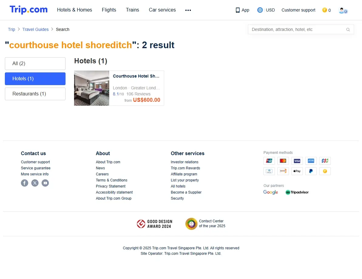 Screenshot of hotel offers for Courthouse Hotel Shoreditch