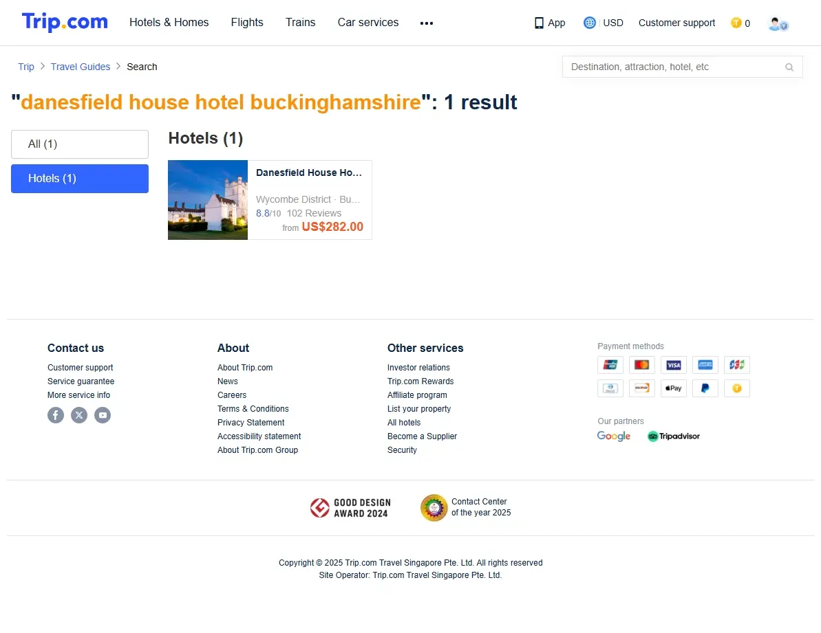 Screenshot of hotel booking platform showing special offers for Danesfield House Hotel Buckinghamshire