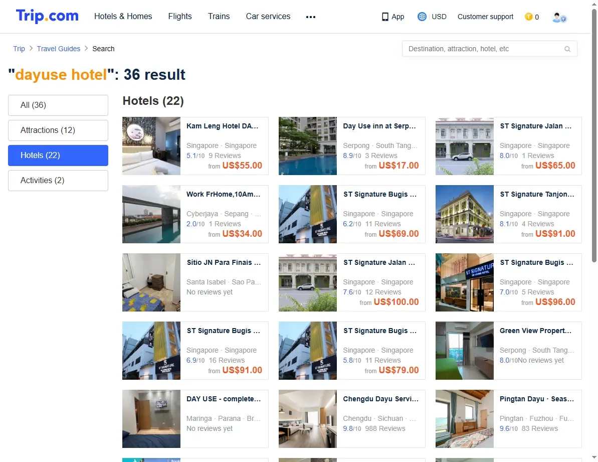 Screenshot of hotel booking website showing Dayuse hotel offers