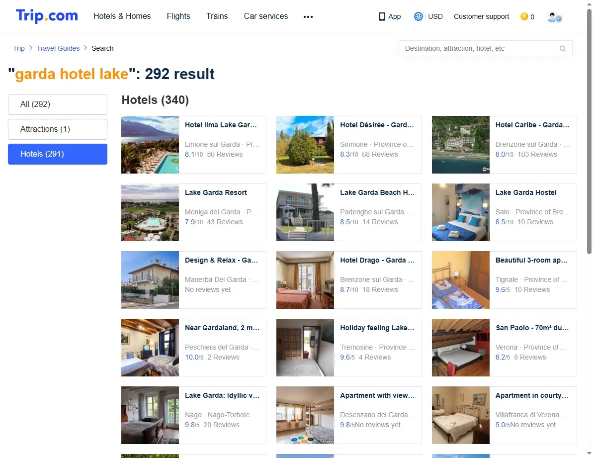 Screenshot of hotel search results showing deals on Lake Garda accommodations