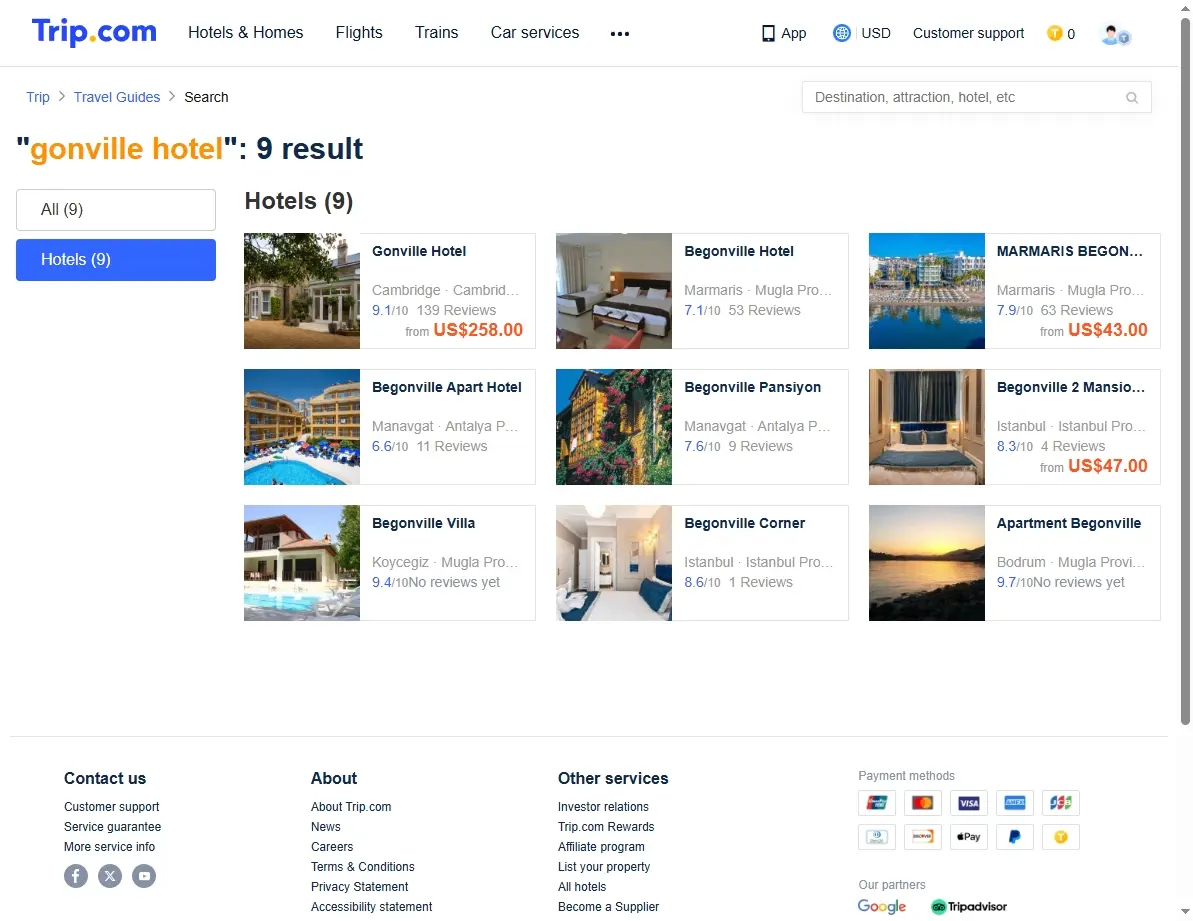 Screenshot showing special hotel offers on a booking website for Gonville Hotel.