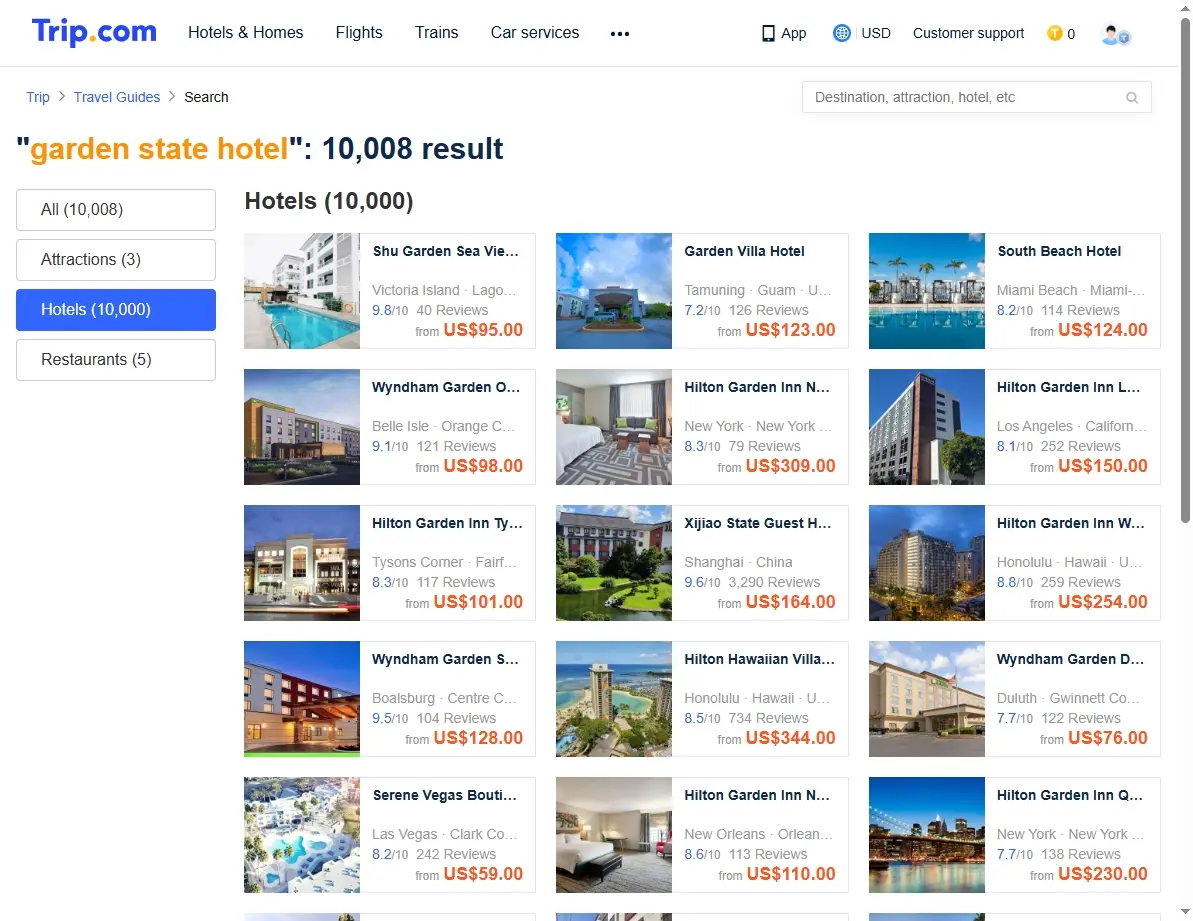 Screenshot of Trip.com showing Garden State Hotel special offers.