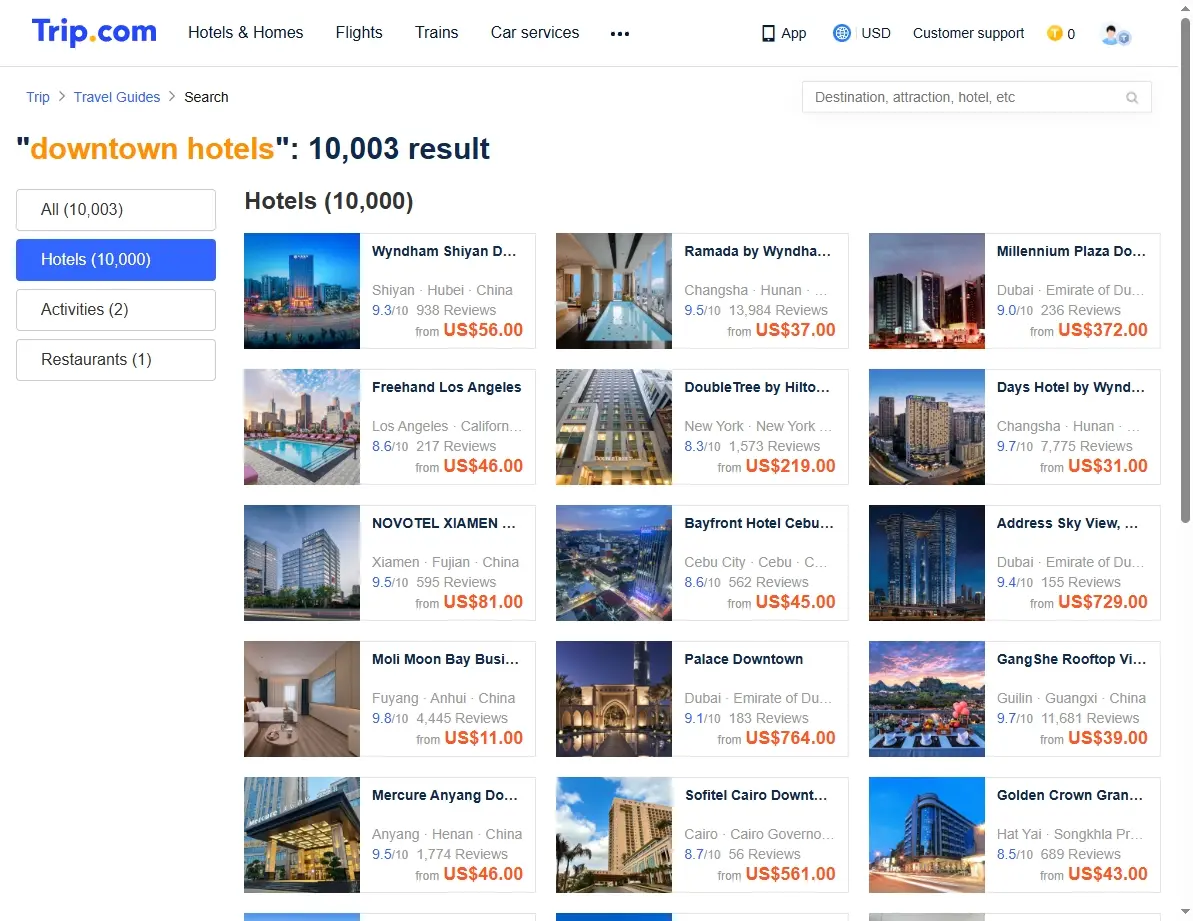 Search page showing special hotel offers and discounts for downtown hotels worldwide.