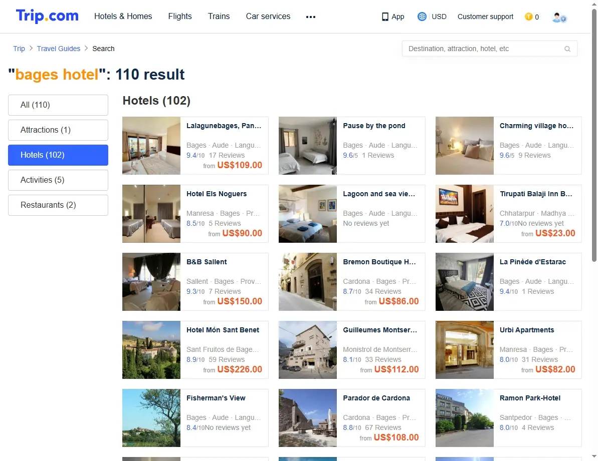 Screenshot of Trip.com showing hotel offers for Bages Hotel