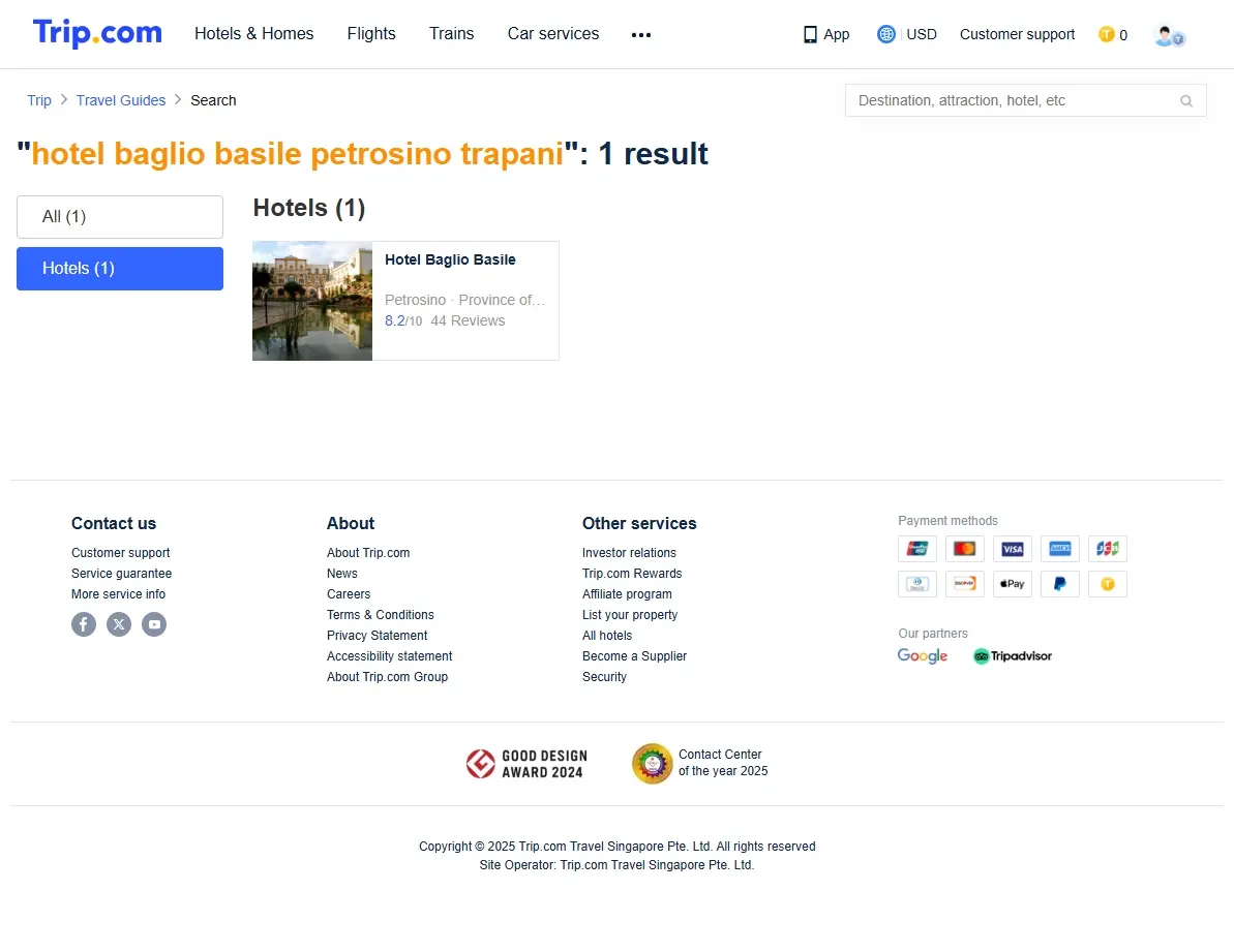 Screenshot of a hotel booking website showing special offers for Hotel Baglio Basile Petrosino Trapani.