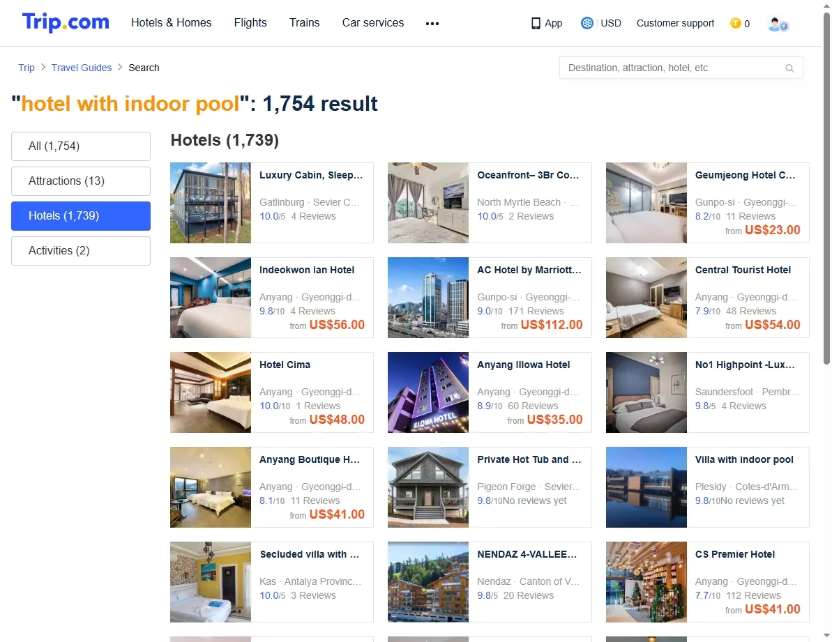 Screenshot showing a travel booking website with exclusive hotel offers and deals for hotels with indoor pools.