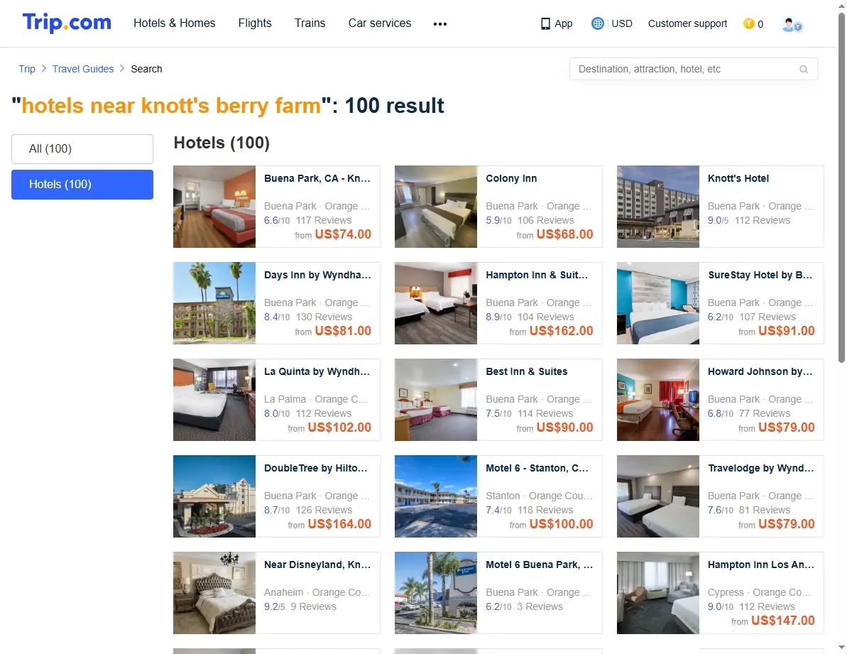 Travel website screen showing exclusive hotel offers for Knott's Berry Farm area.