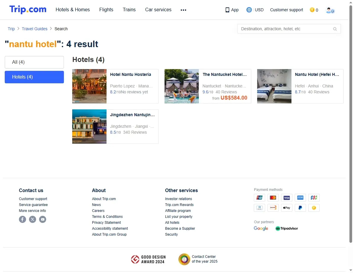 Screenshot of hotel deals search results for Nantu Hotel