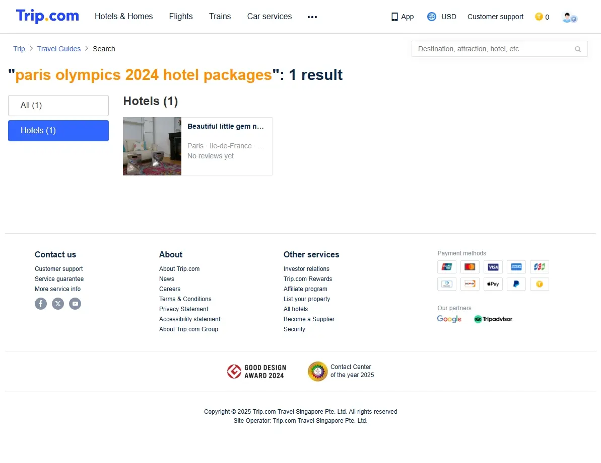 Screenshot of hotel offers for Paris Olympics 2024 on a booking website