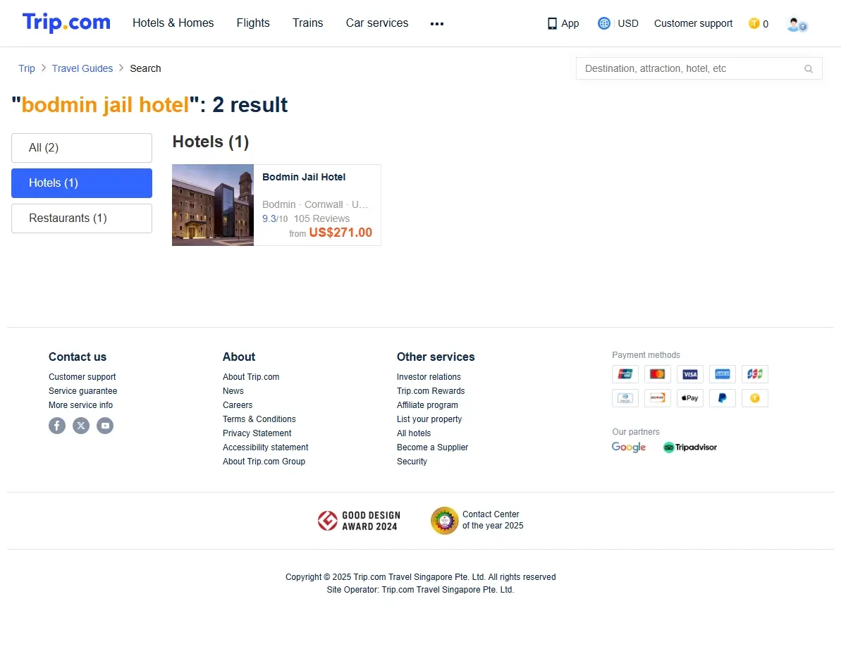 Screenshot showing hotel search offers for Bodmin Jail Hotel