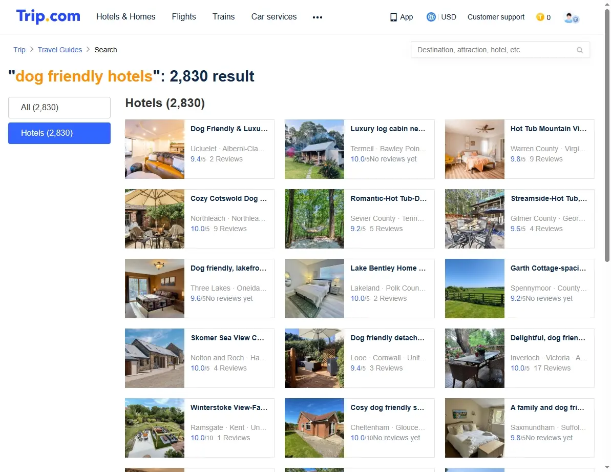 Screenshot of hotel search results showing deals for pet-friendly stays.