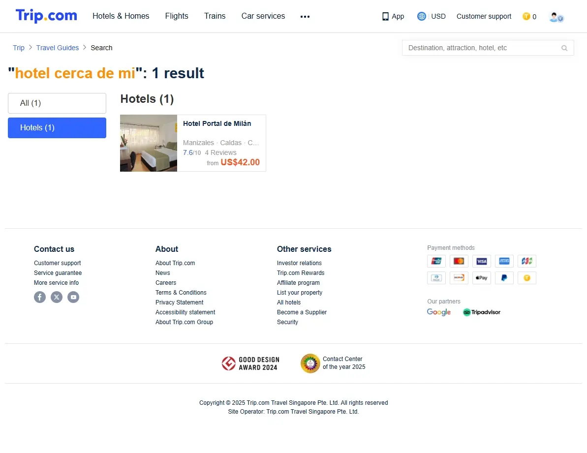 Captura de pantalla mostrando ofertas especiales de hotel en Trip.com