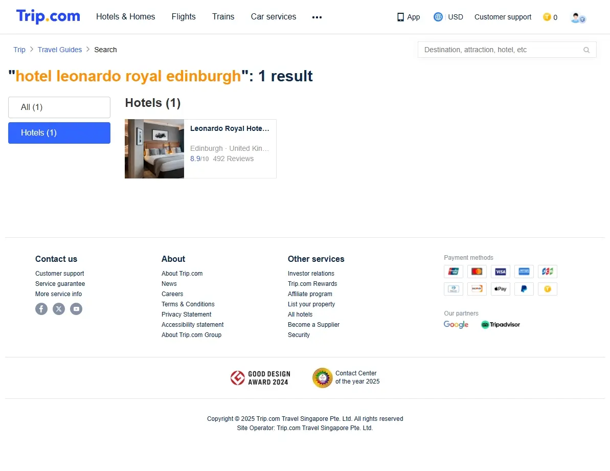 Screenshot showing special offers and traveler reviews for the Leonardo Royal Hotel Edinburgh.