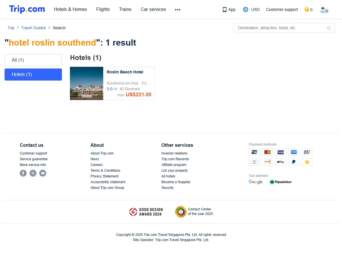 Screenshot of Trip.com showing special deals for Hotel Roslin Southend