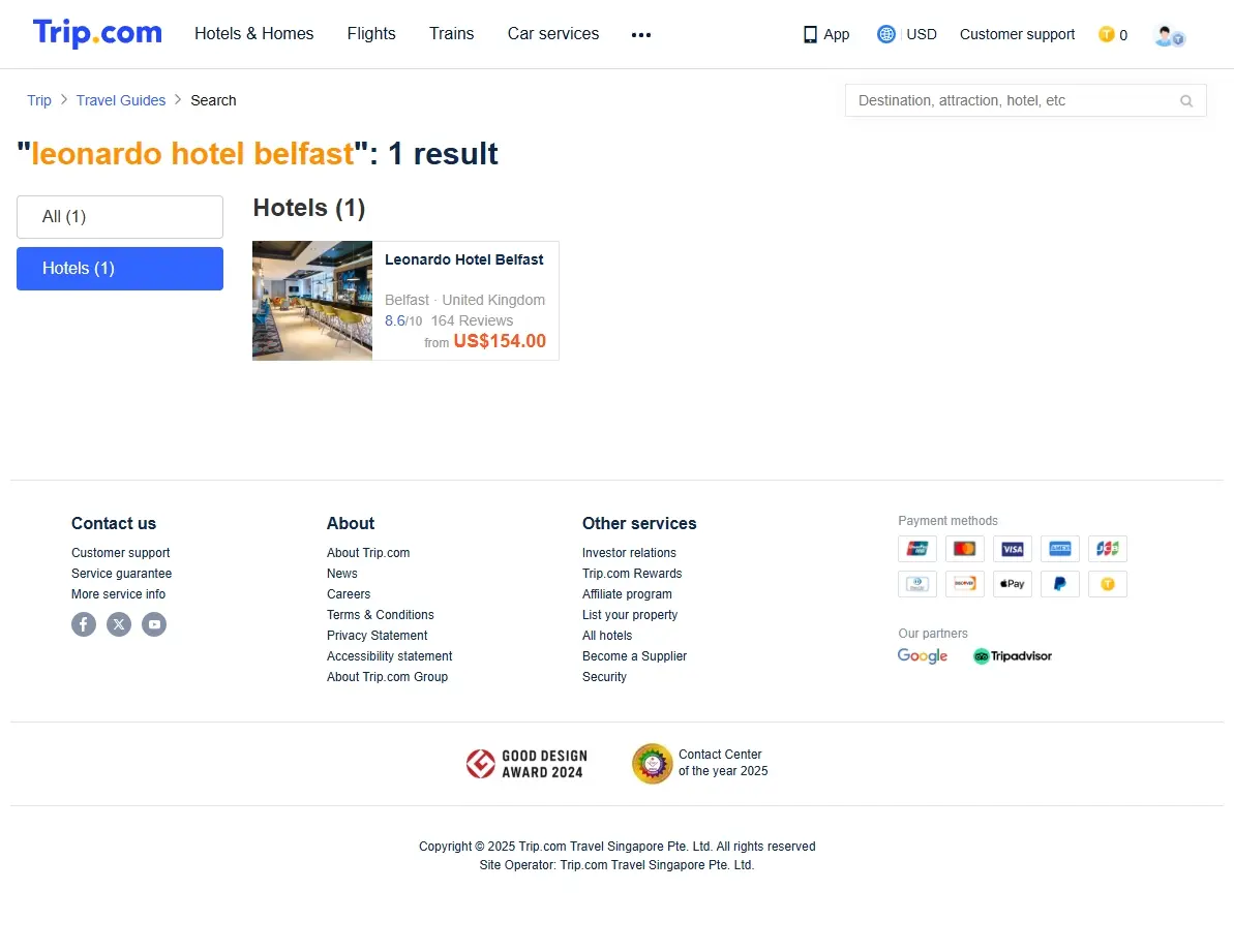 Screenshot of special offers for Leonardo Hotel Belfast on a booking website.