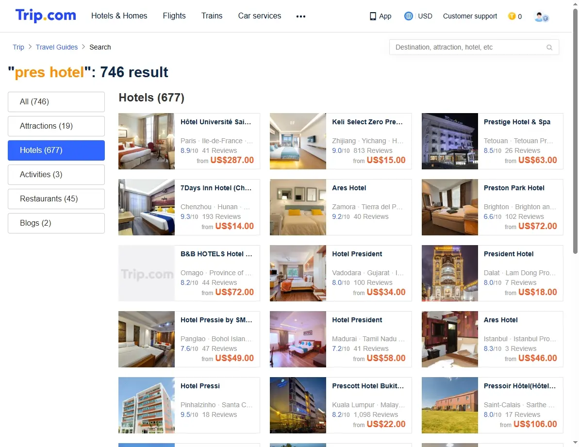 Screenshot showing hotel offers and special deals for Pres Hotel travelers.