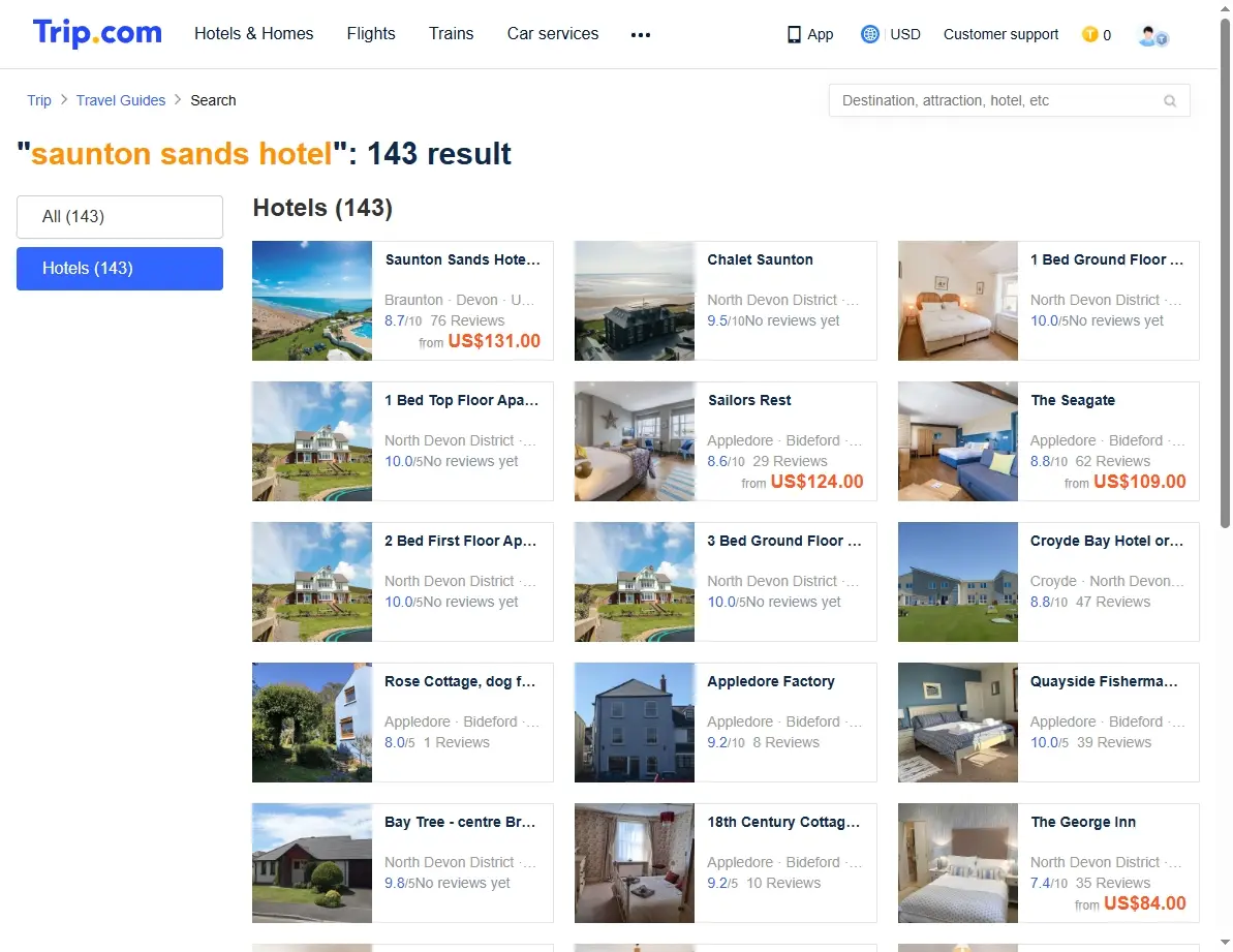 Screenshot of hotel booking website showing Saunton Sands Hotel offers
