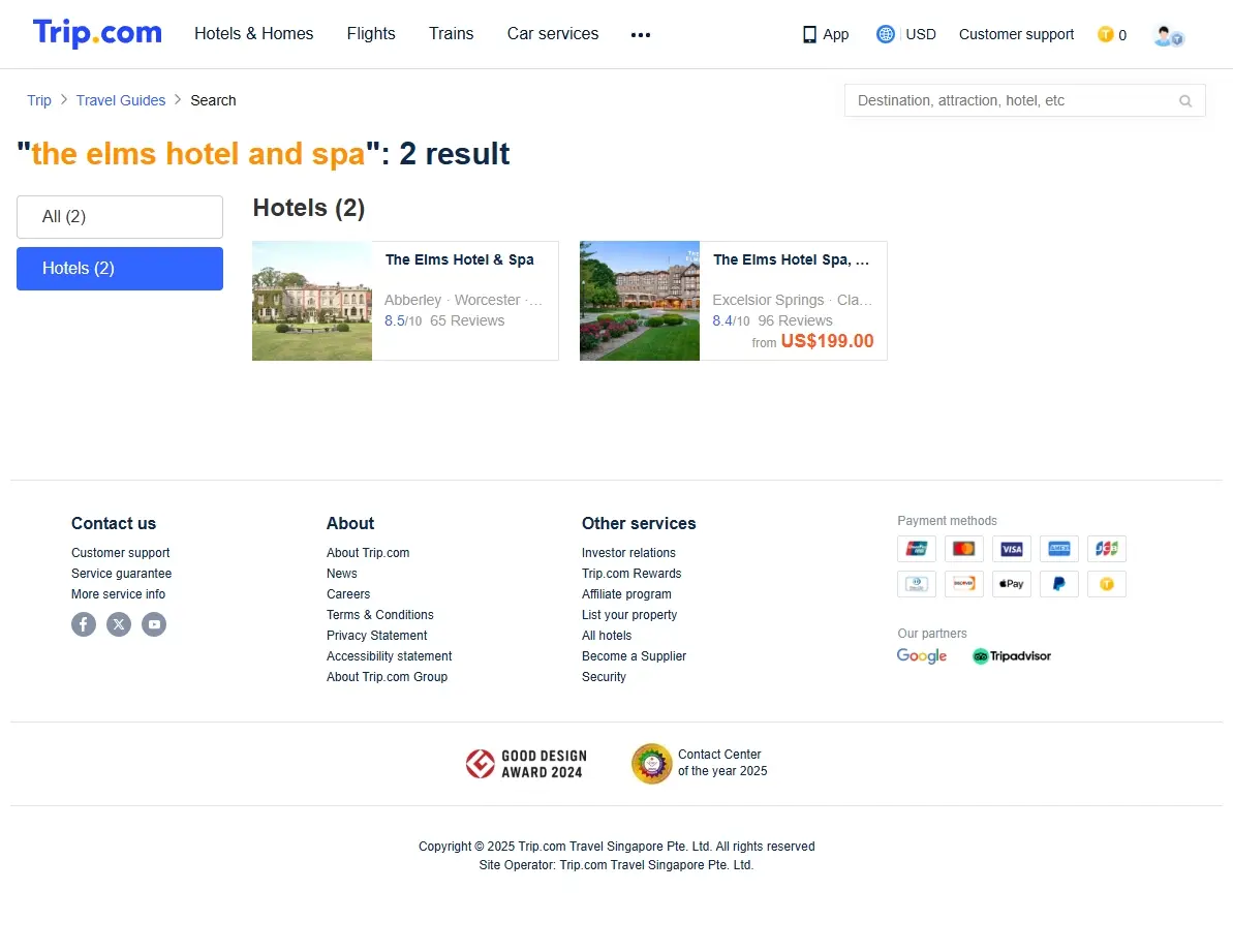Screenshot of Trip.com showing deals for The Elms Hotel and Spa