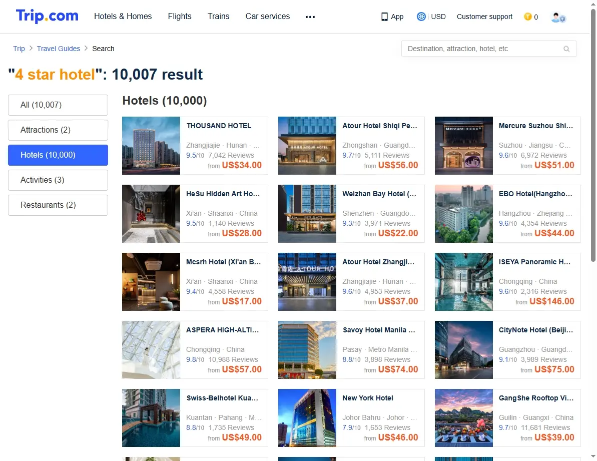 Screenshot of a website showing special 4 star hotel offers and discounted prices