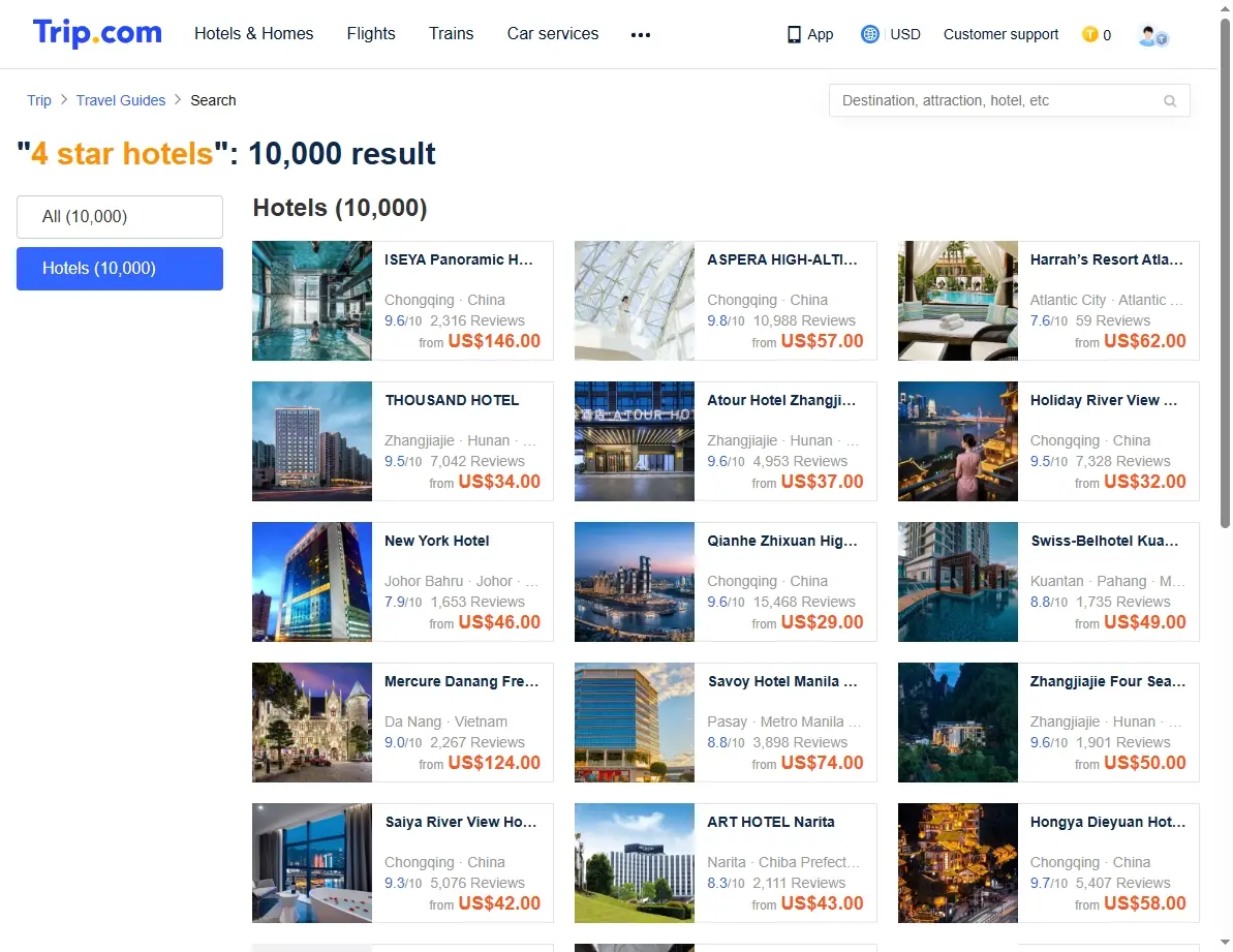 Screenshot of hotel deals search result page