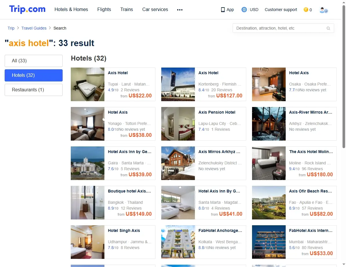 Screenshot of hotel offers from Trip.com