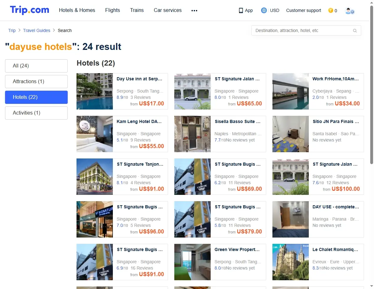 Screenshot of Trip.com showing special offers for dayuse hotels.
