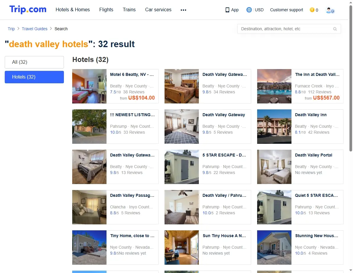 Screenshot of Trip.com showing deals for Death Valley Hotels.