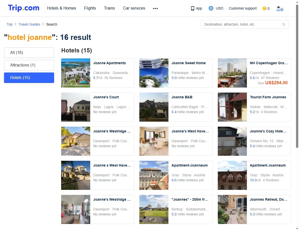 Screenshot of a travel website showing hotel offers and deals for Hotel Joanne.