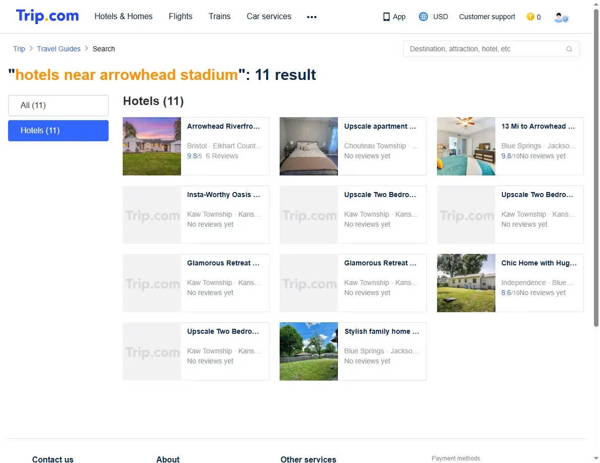 Screenshot of Trip.com showing special hotel offers near Arrowhead Stadium
