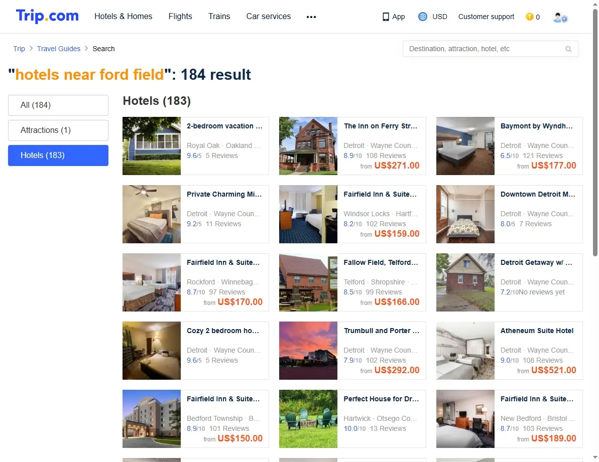 Screenshot of hotel booking website showing special offers for Detroit