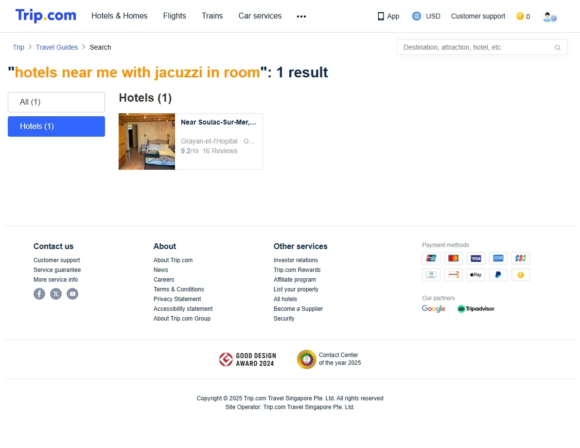 Screenshot showing hotel search offers with jacuzzi filter.