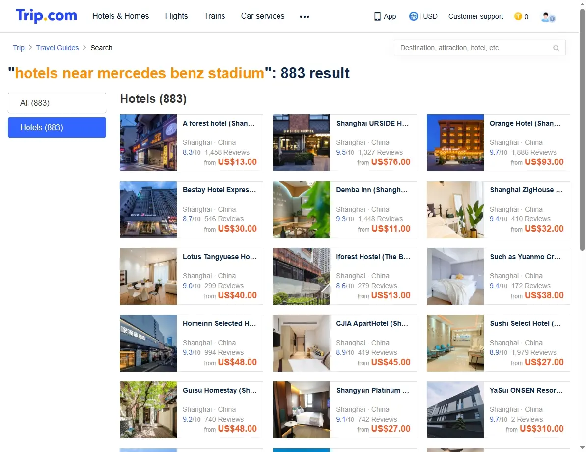 Travel deals screenshot for hotels near Mercedes-Benz Stadium