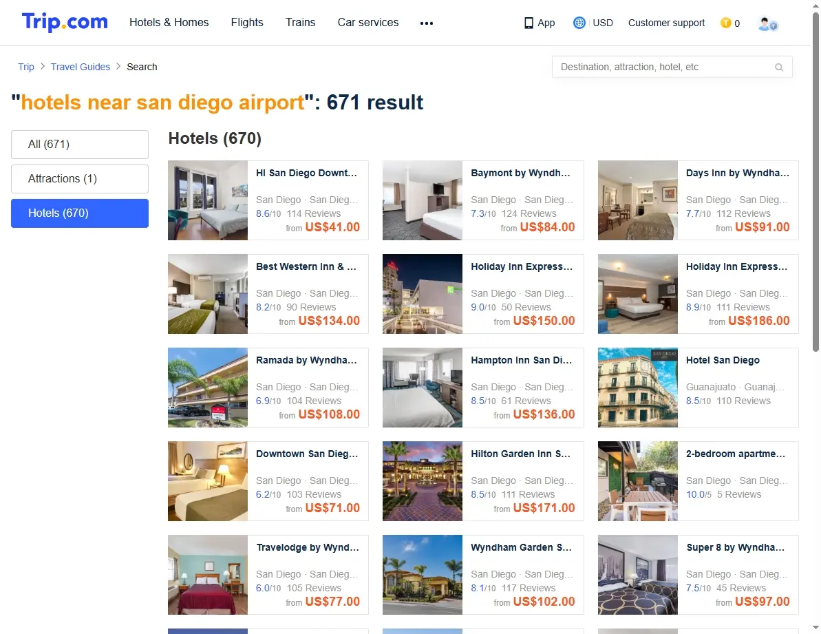 Screenshot of hotel booking website showing special offers in San Diego.