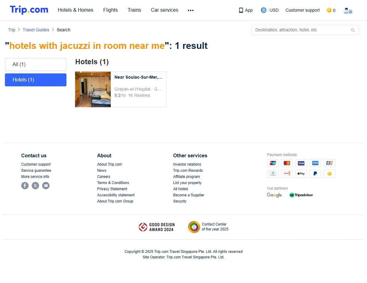 Screenshot of hotel offers page showing luxury hotels with private hot tubs.