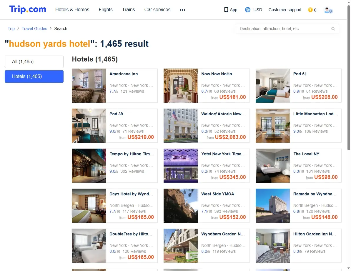 Screenshot showing hotel search offers for Hudson Yards Hotel