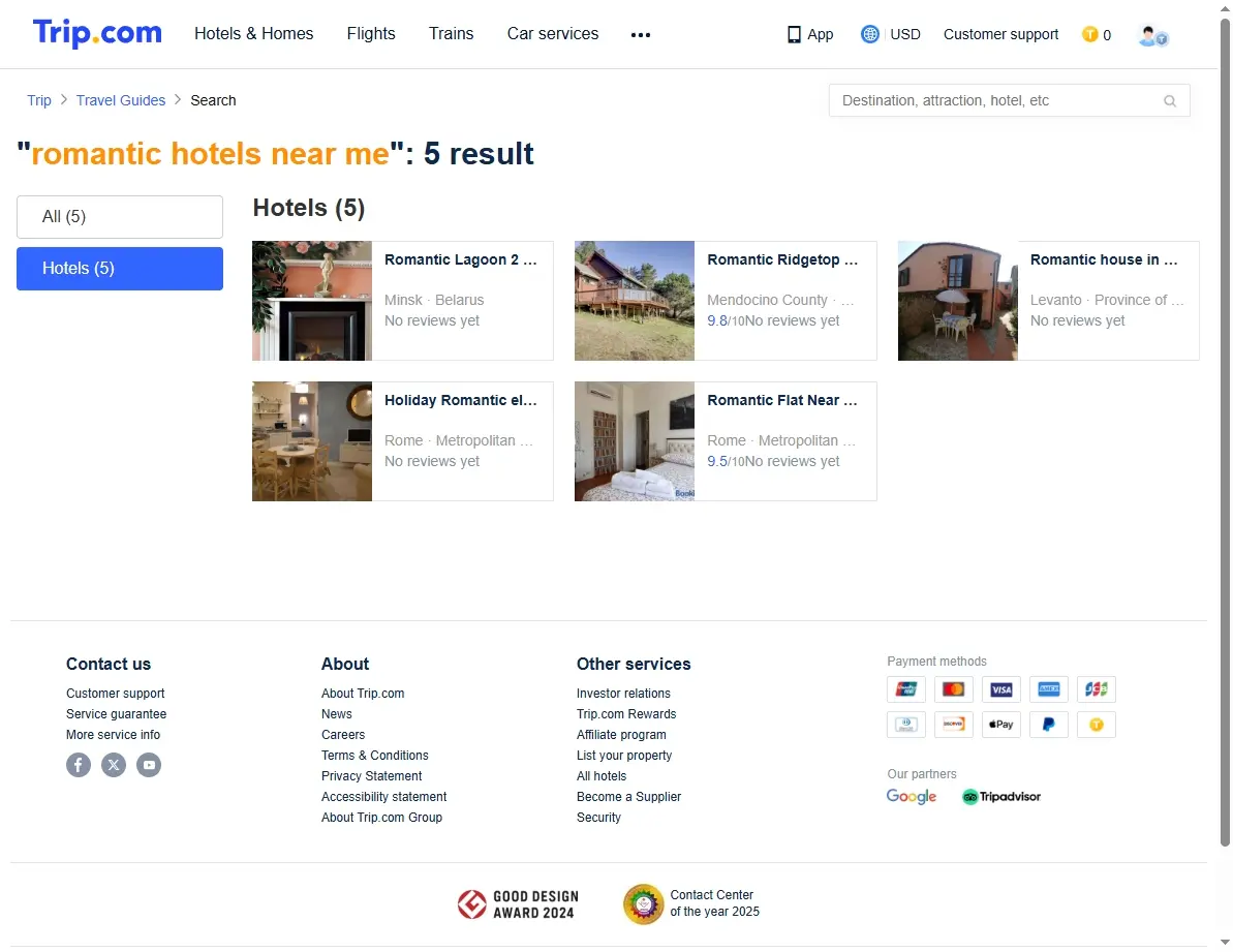 Screenshot of hotel deals search results