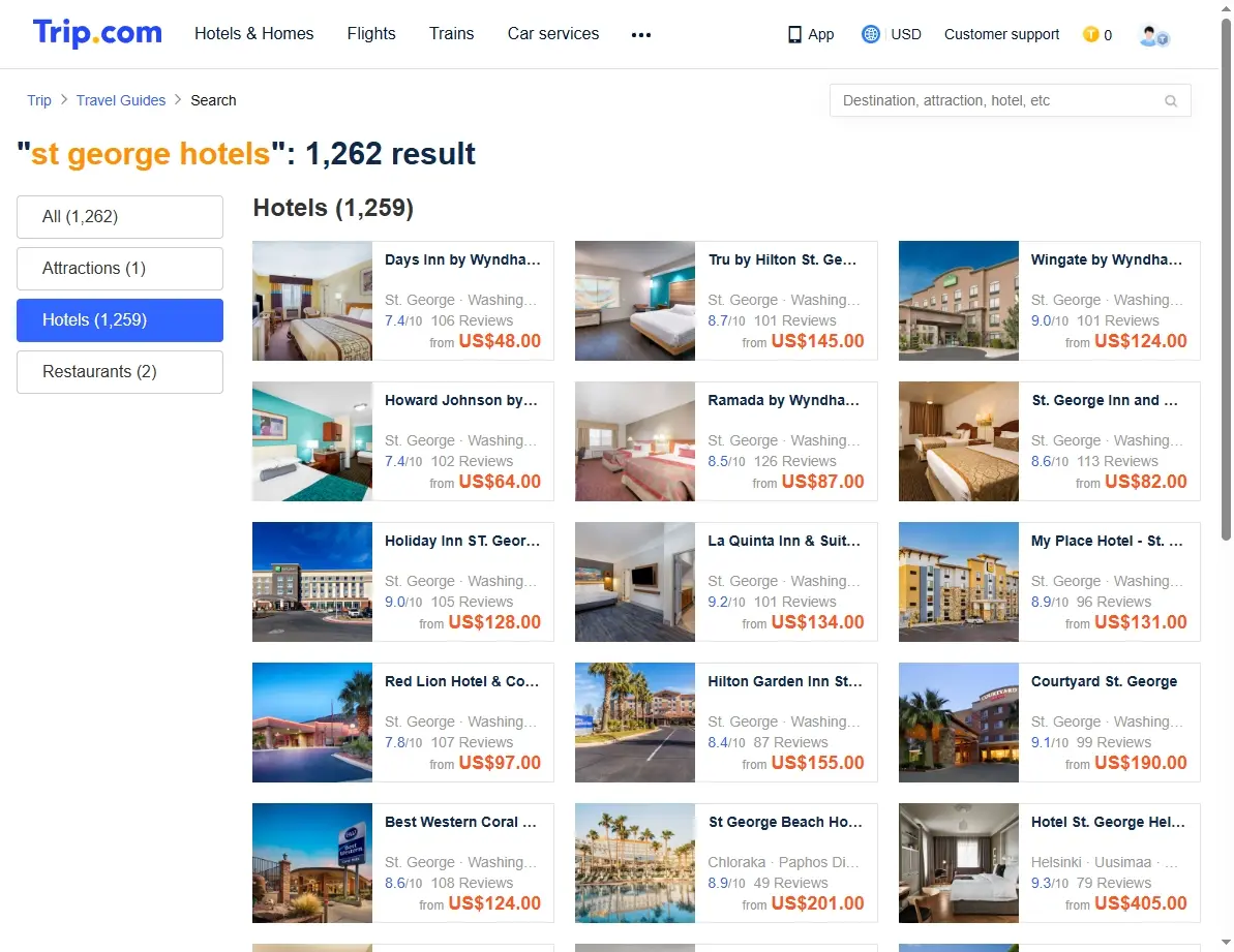 Screenshot of a hotel booking website showing special offers for St. George hotels.